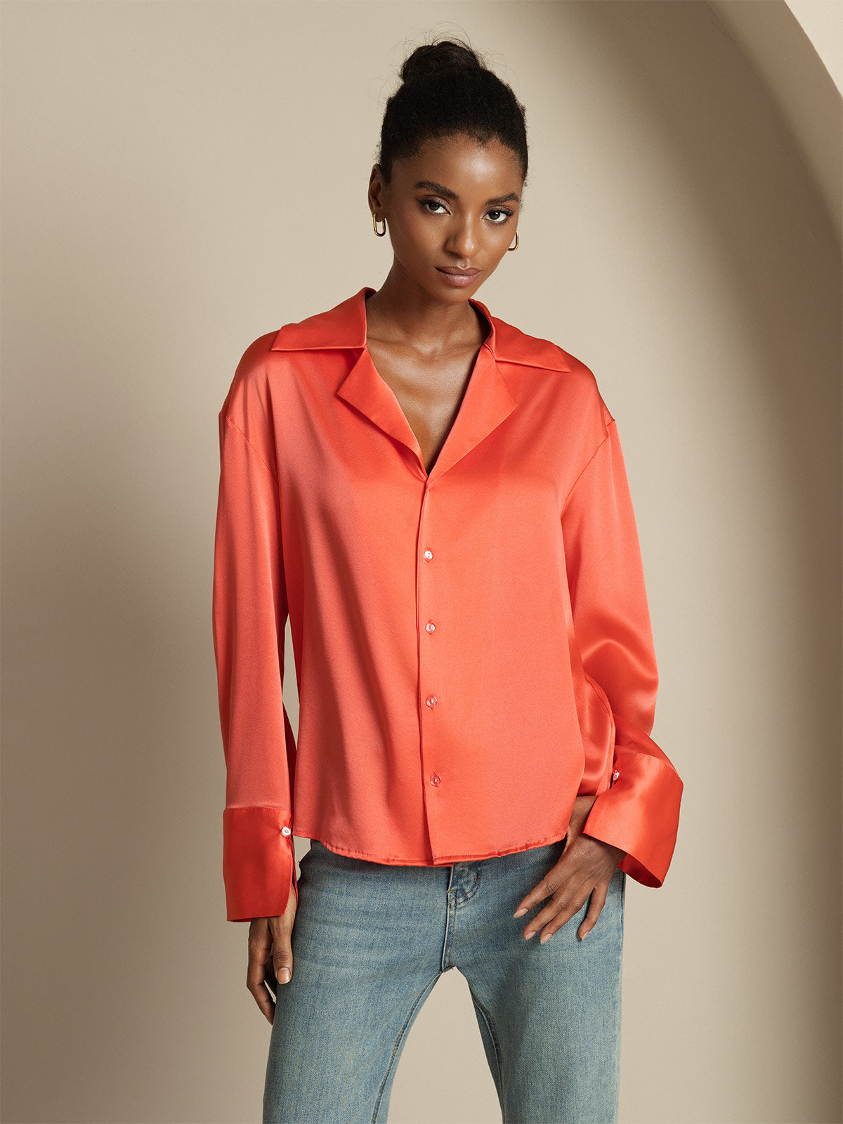 [Imperial Red] SilkSilky-CA 19Momme Silk Notch Collar Women's Shirt 005