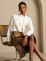 [White] SilkSilky-CA 19Momme Stretch Silk Charmeuse Long Sleeve Tie Neck Blouse 001