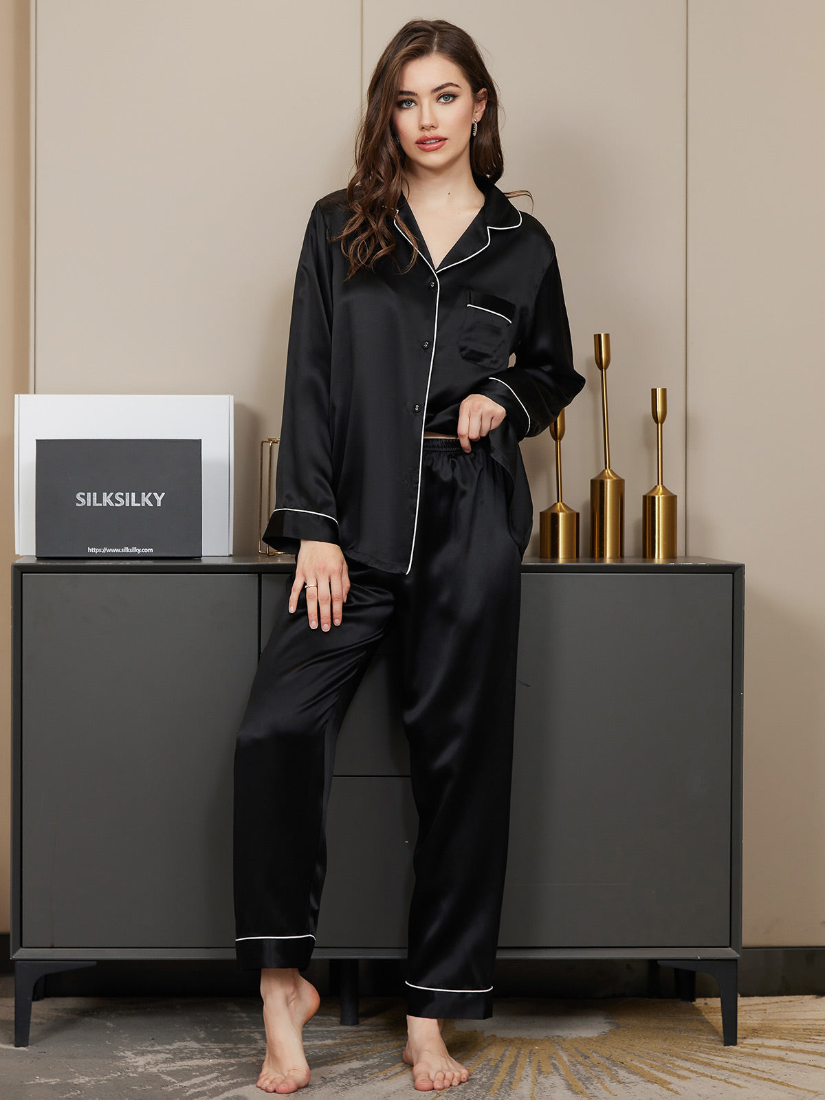 SilkSilky-CA Pure Silk Long Sleeve Lapel Women's Pajamas Black 001