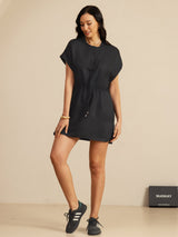 [Black] SilkSilky-CA 18Momme Silk Satin Surah Cap Sleeve Henley Neck Dress 006