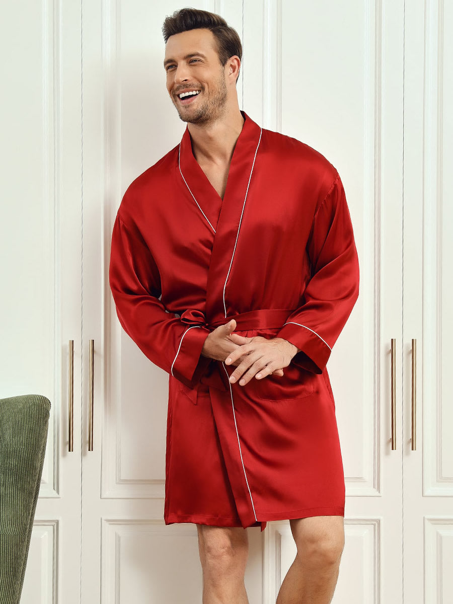 SilkSilky CA Pure Silk 3/4 Sleeve Mens Robe Wine 001