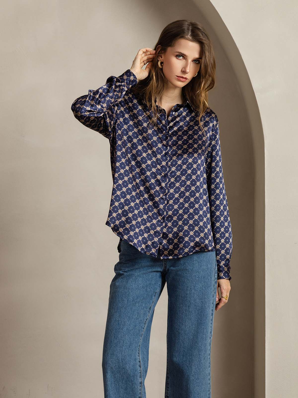 [Navy Chain] SilkSilky-CA Silk Long Sleeve Lapel Collar Women's Shirt 007