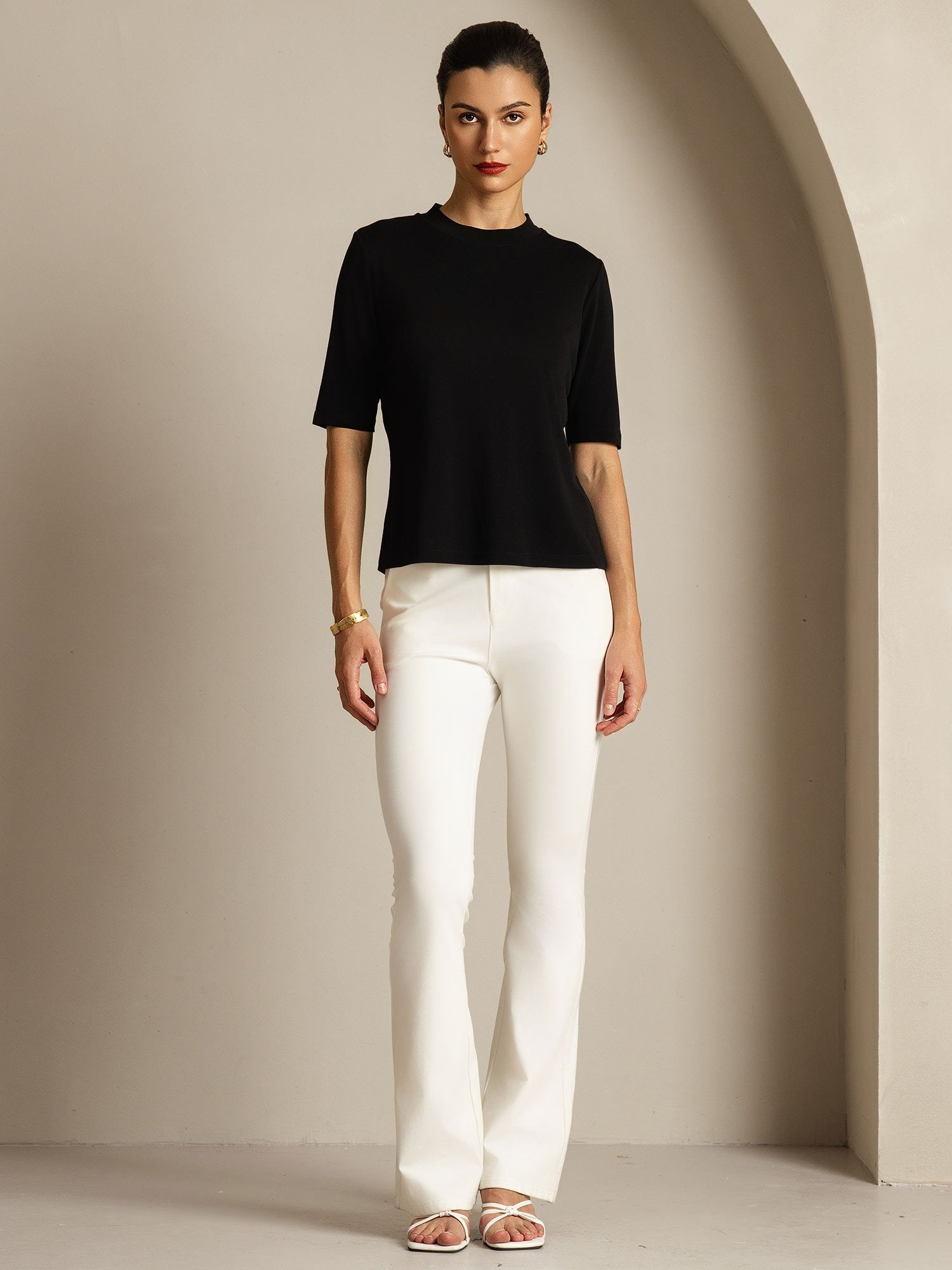 [Black] SilkSilky-CA Pure Silk Round Neck Women's T-Shirt 003