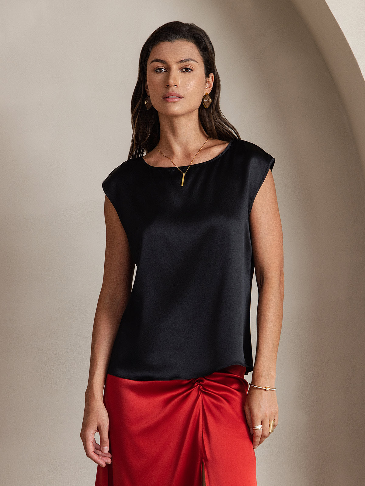 [Black] SilkSilky-CA 19Momme Stretch Silk Charmeuse Cap Sleeve Round Neck Women's T-Shirt 001