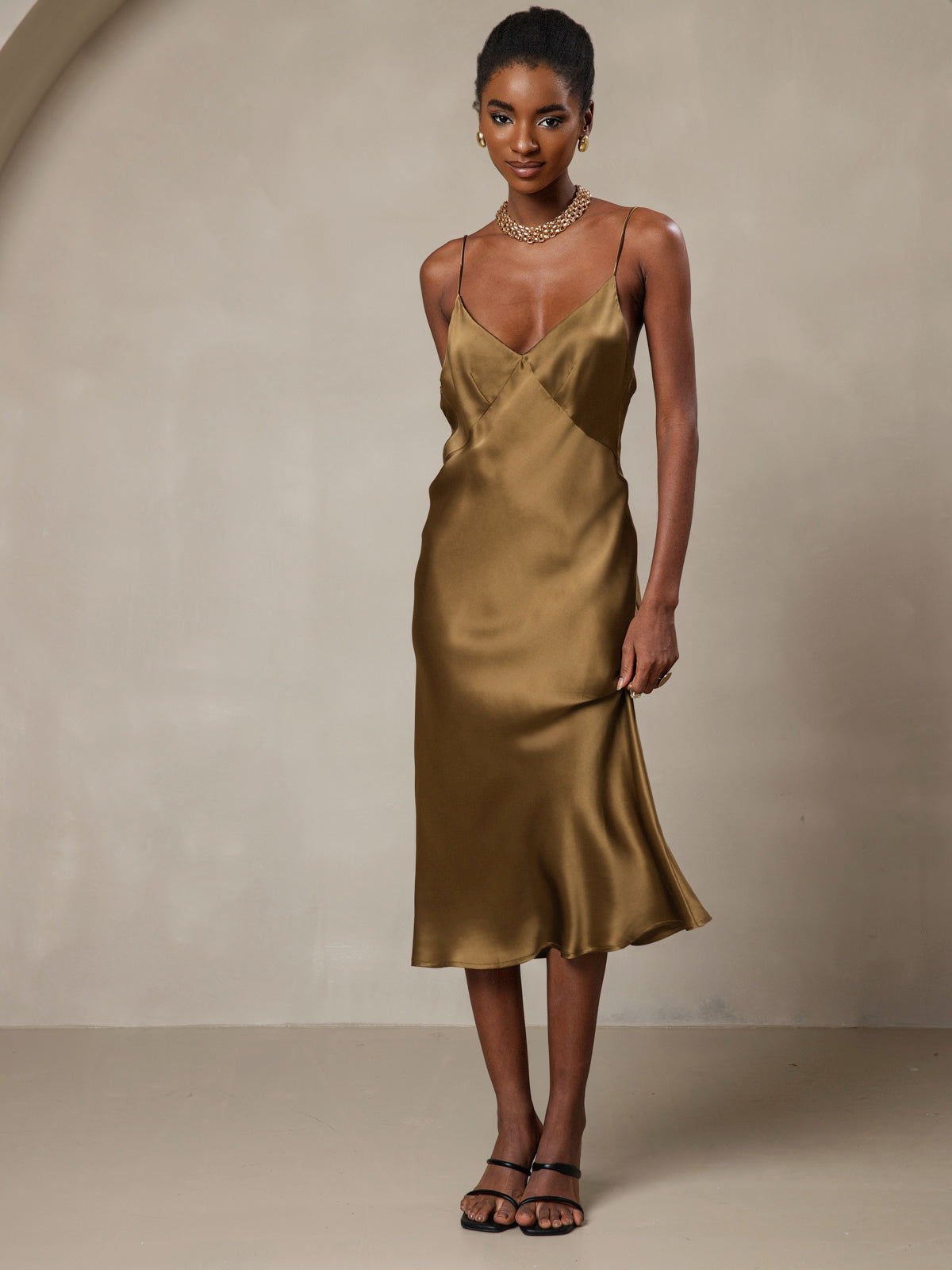 [Brown] SilkSilky-CA 19Momme Pure Silk V Neck Dress 006