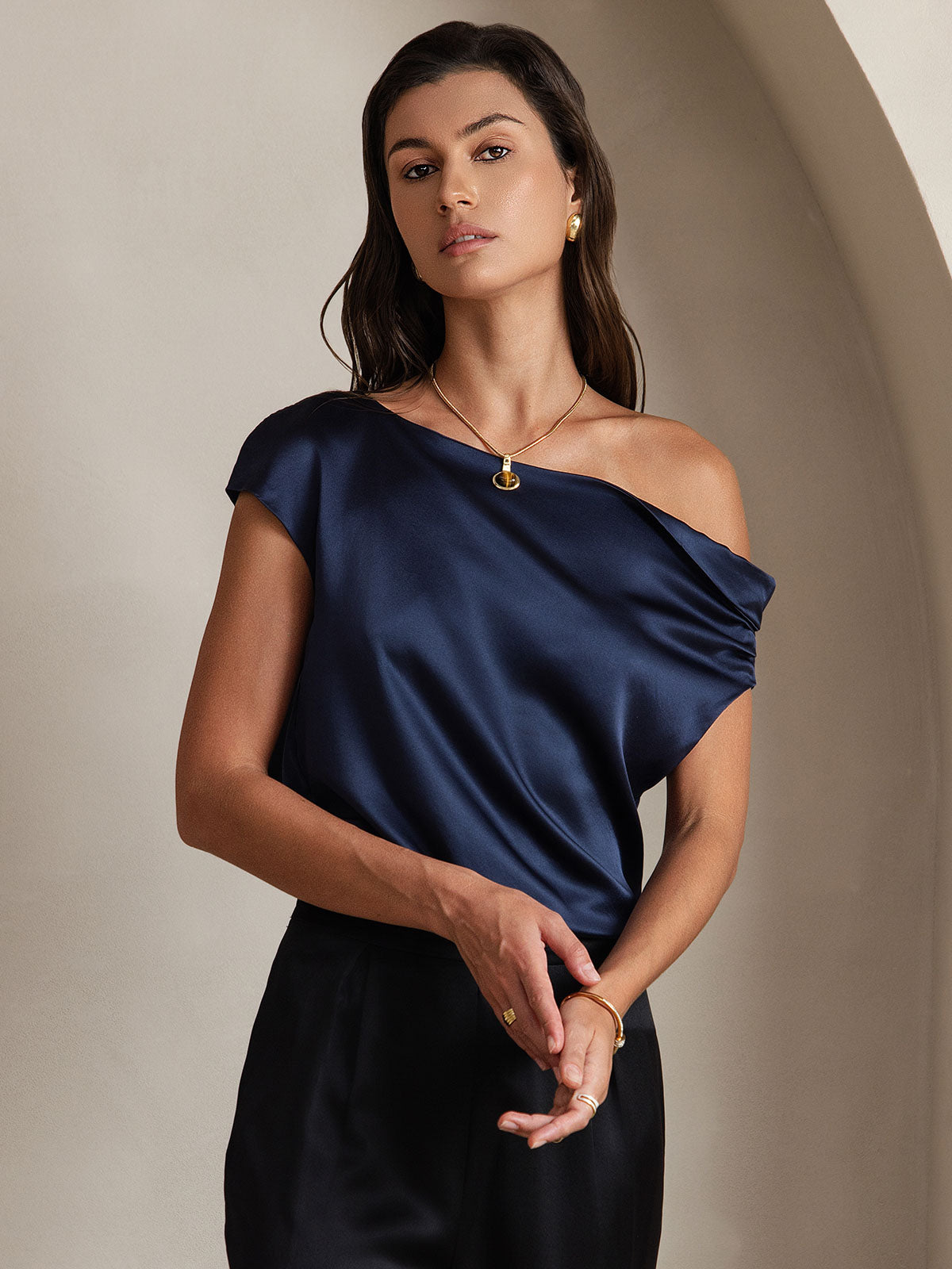 [Dark Blue] SilkSilky-CA 19Momme Silk One Shoulder Women's T-Shirt 003