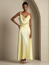 [Light Yellow] SilkSilky-CA 19Momme Stretch Silk Charmeuse Spaghetti Strap Cowl Neck Women''s Outfit Sets 003