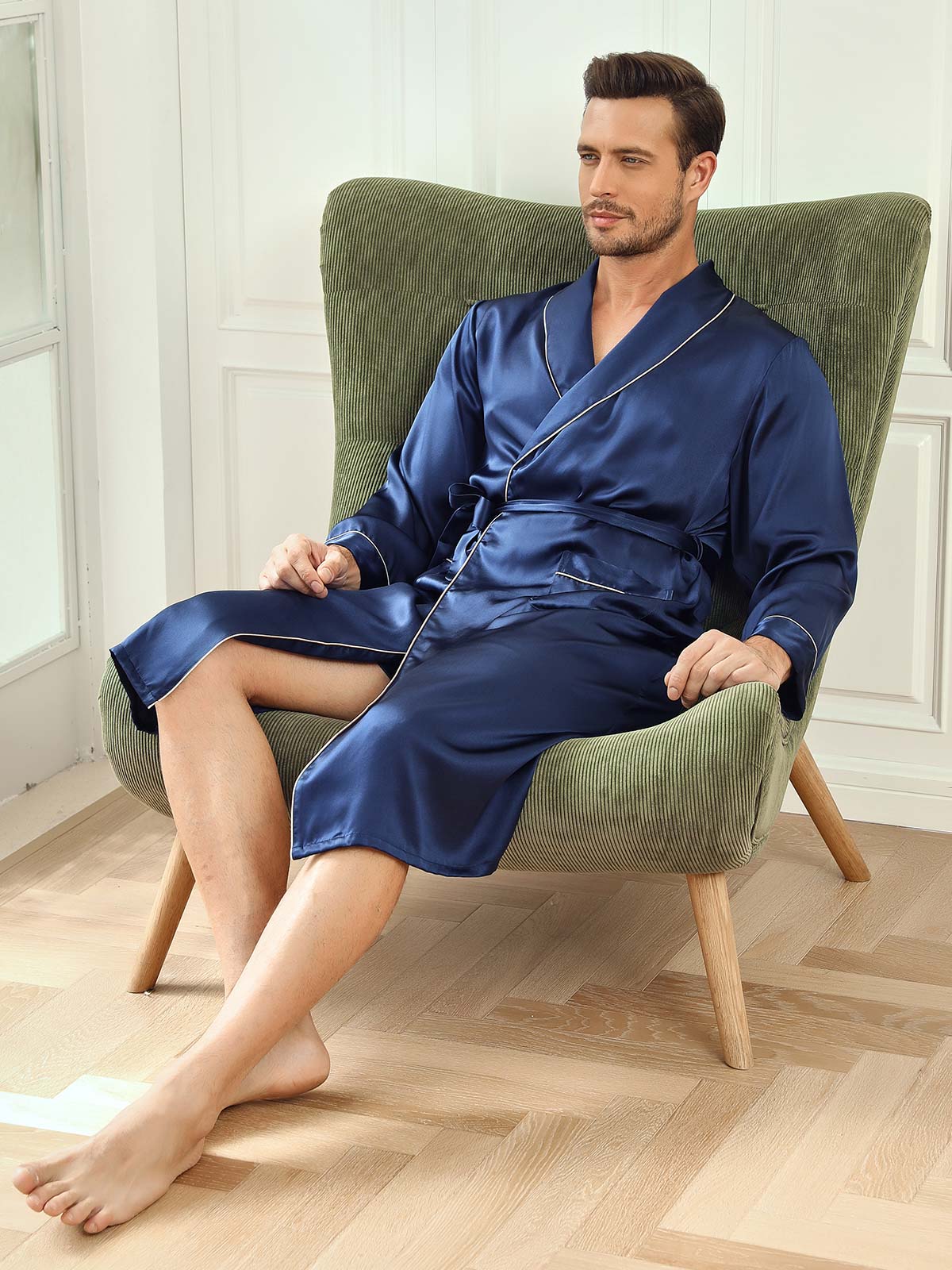 SilkSilky CA Pure Silk Long Sleeve Lapel Men's Robe DarkBlue 006