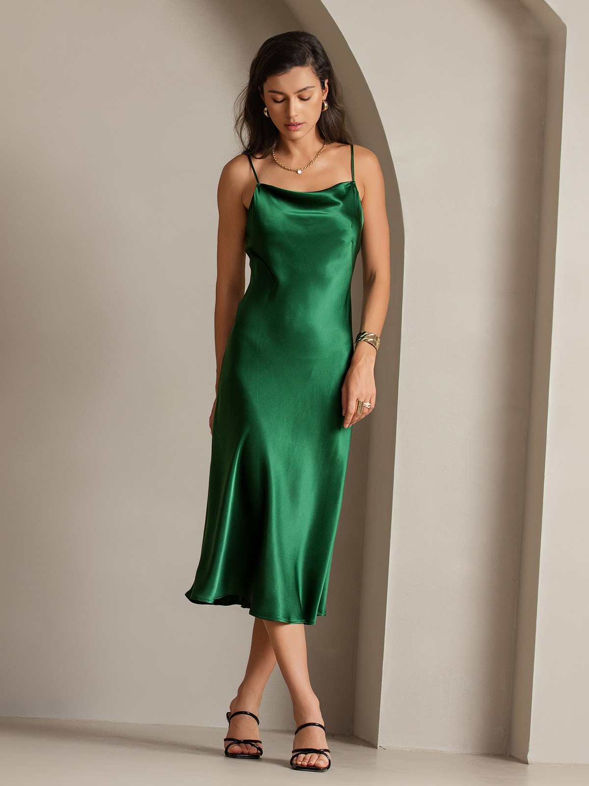 SilkSilky CA Pure Silk Sleeveless Cowl Neck Dress Green 007