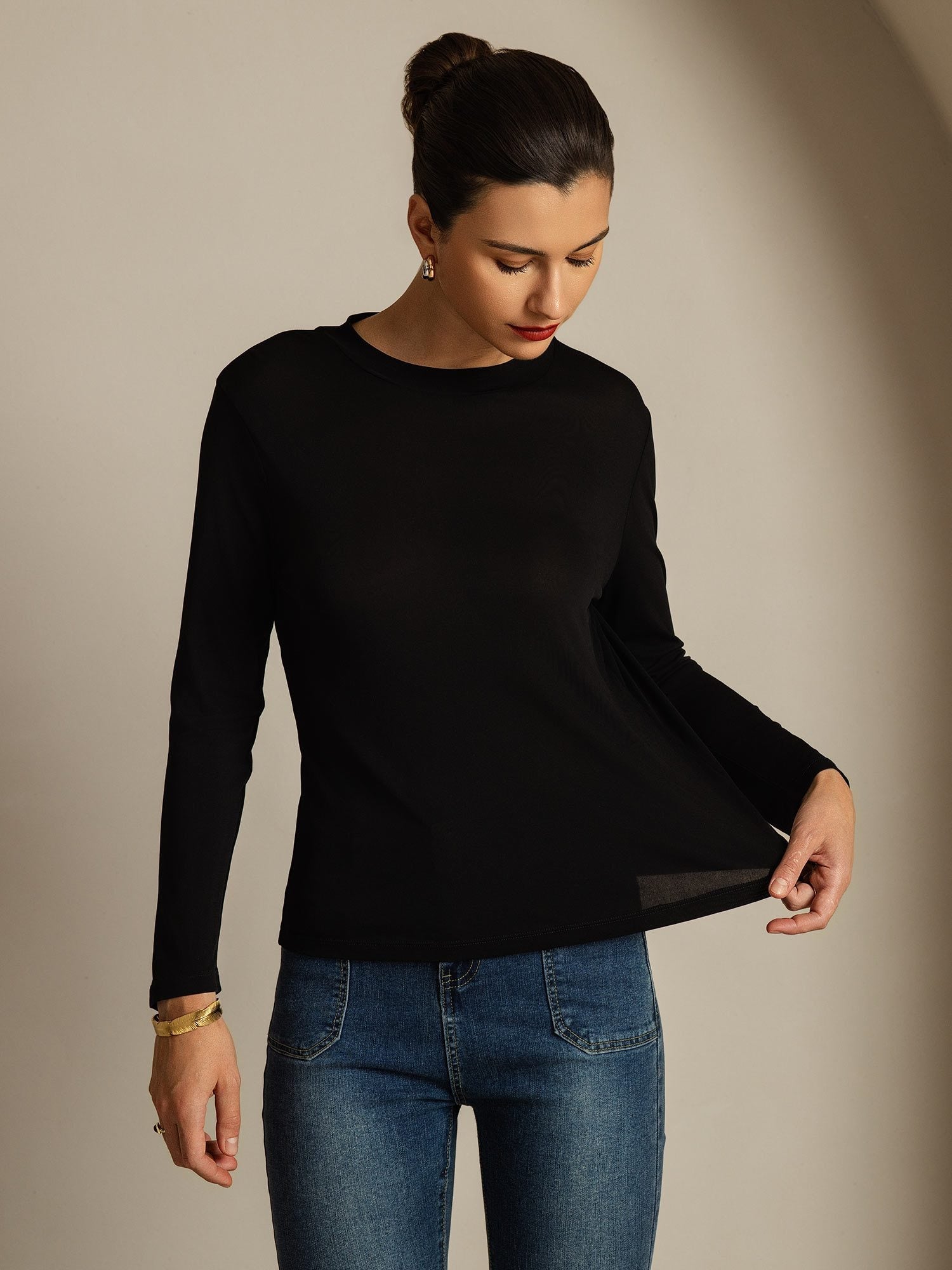 [Black] SilkSilky-CA Pure Silk Womens T-Shirt 003,