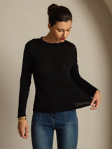 [Black] SilkSilky-CA 100% Silk Jersey Long Sleeve Crew Neck Women's T-Shirt 003