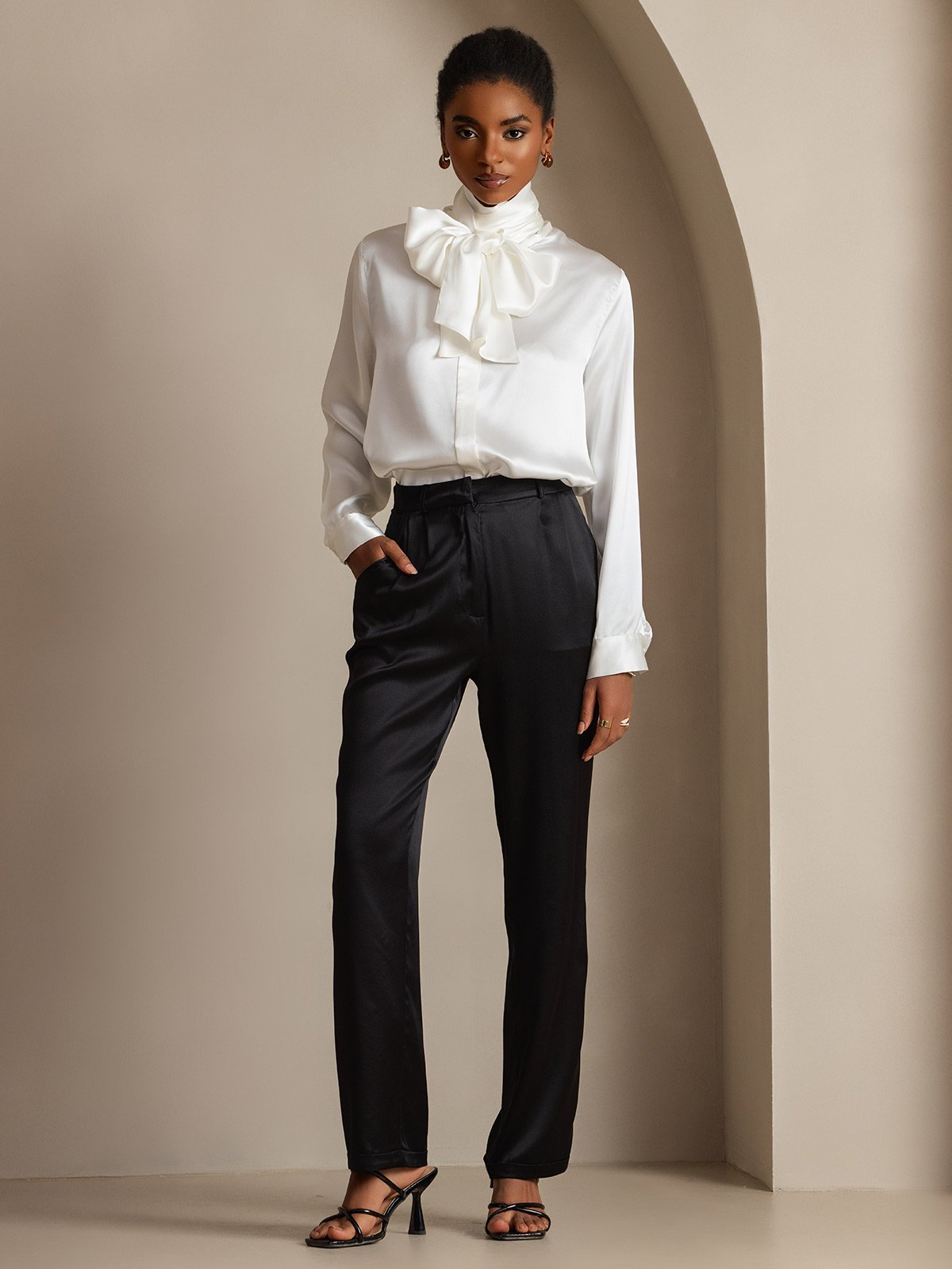 [White] SilkSilky-CA 19Momme Silk High Neck Women's Shirt 008,