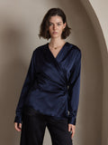 SilkSilky CA 19Momme Silk Long Sleeve V Neck Women's Shirt DarkBlue 001