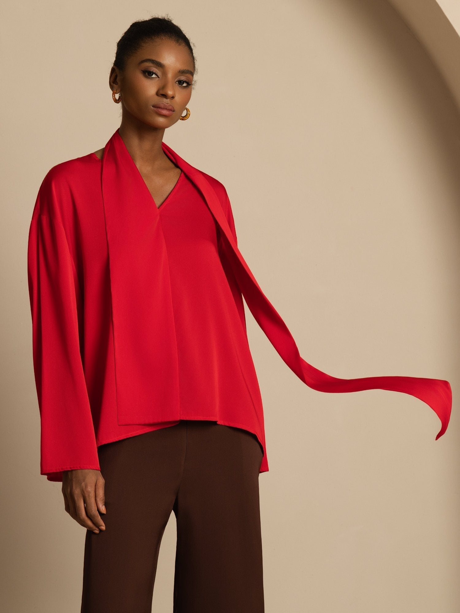 [Wine] SilkSilky-CA 19Momme Stretch Silk Double Georgette Long Sleeve V Neck Blouse 003