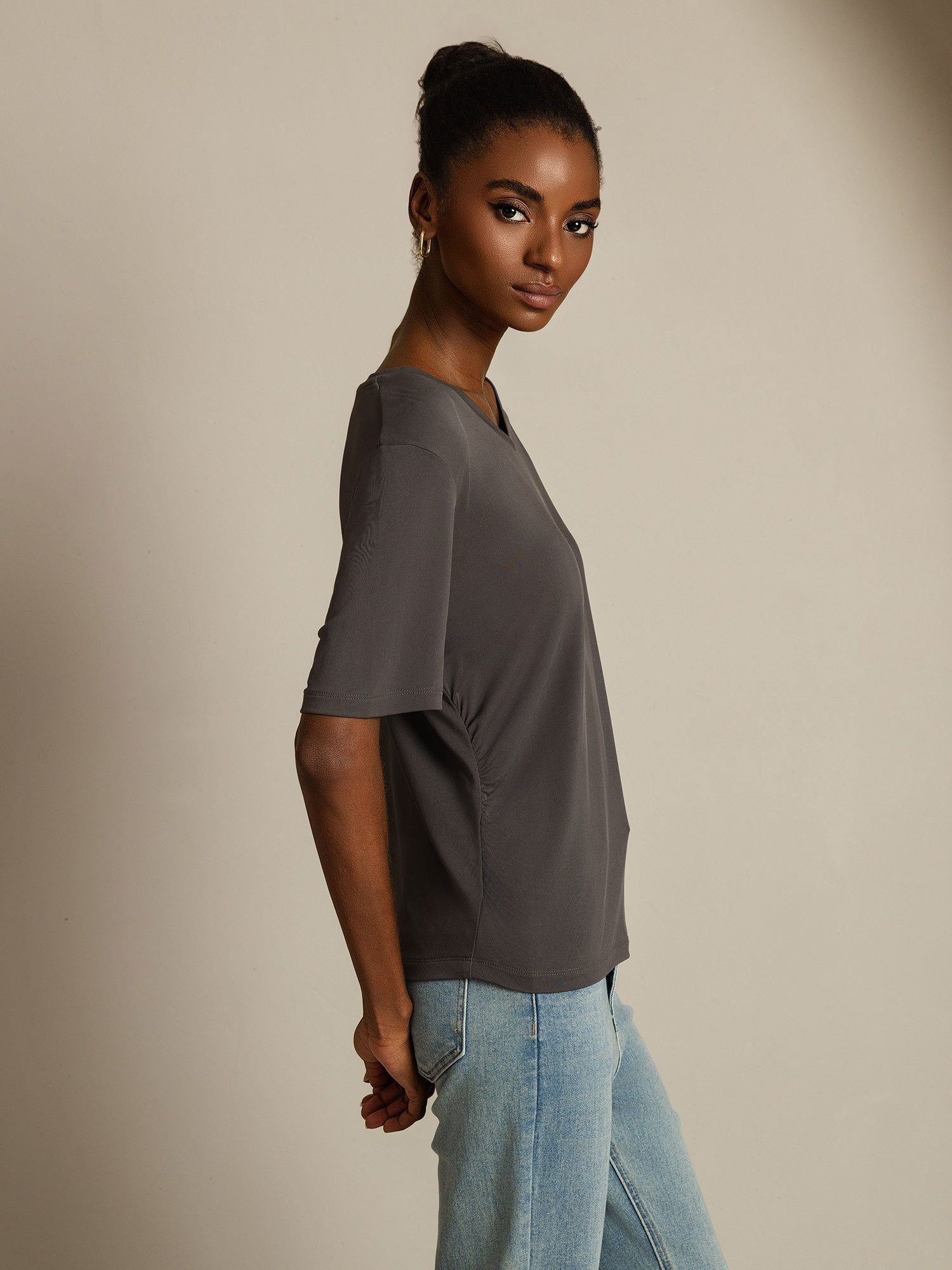 [Gray] SilkSilky-CA Pure Silk V Neck Women's T-Shirt 003