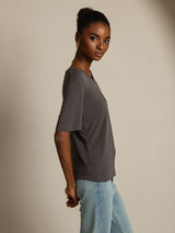 [Gray] SilkSilky-CA 100% High-Twist Silk Jersey Short Sleeve V Neck Women's T-Shirt 003