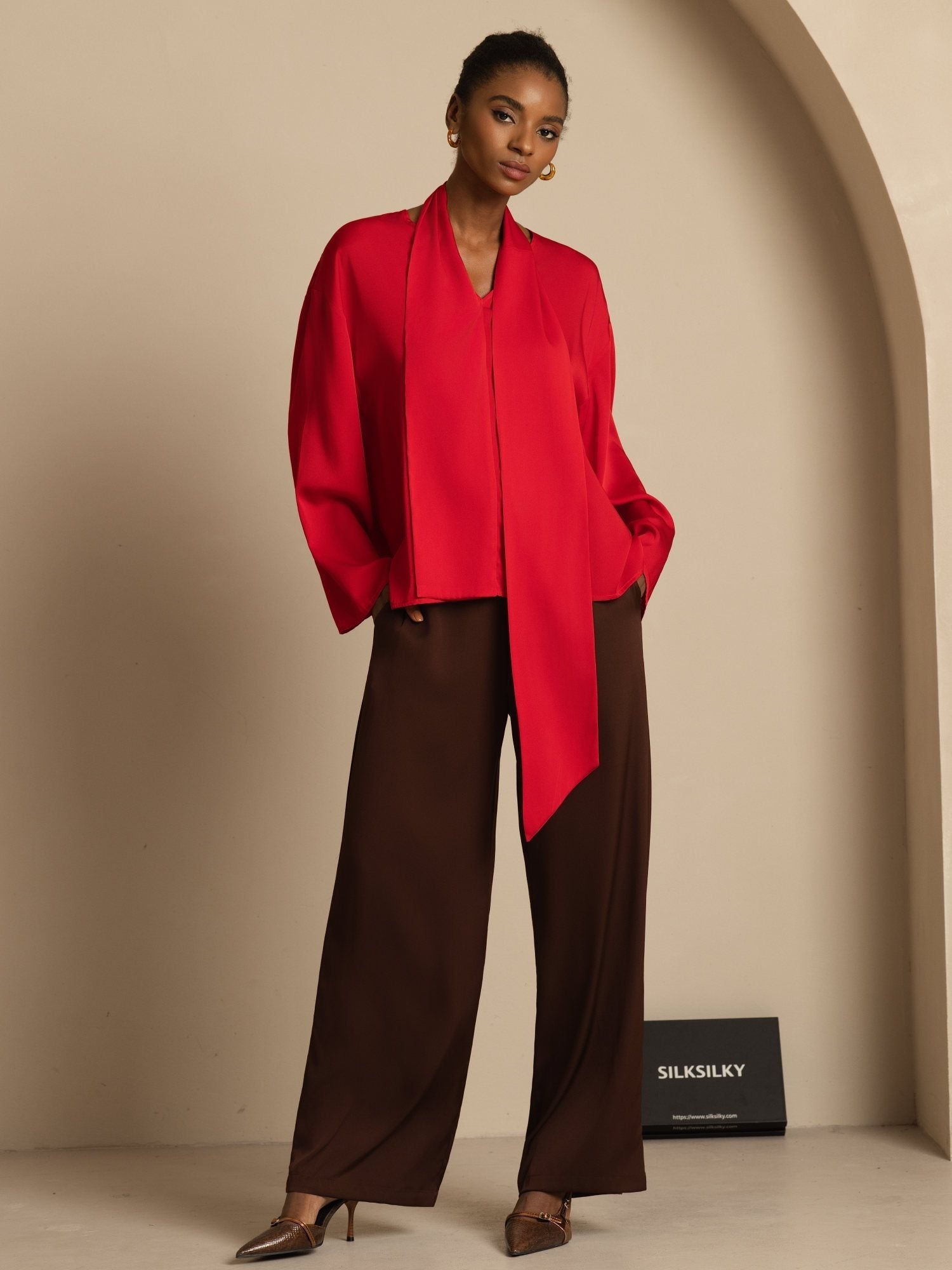 [Wine] SilkSilky-CA 19Momme Stretch Silk Double Georgette Long Sleeve V Neck Blouse 006