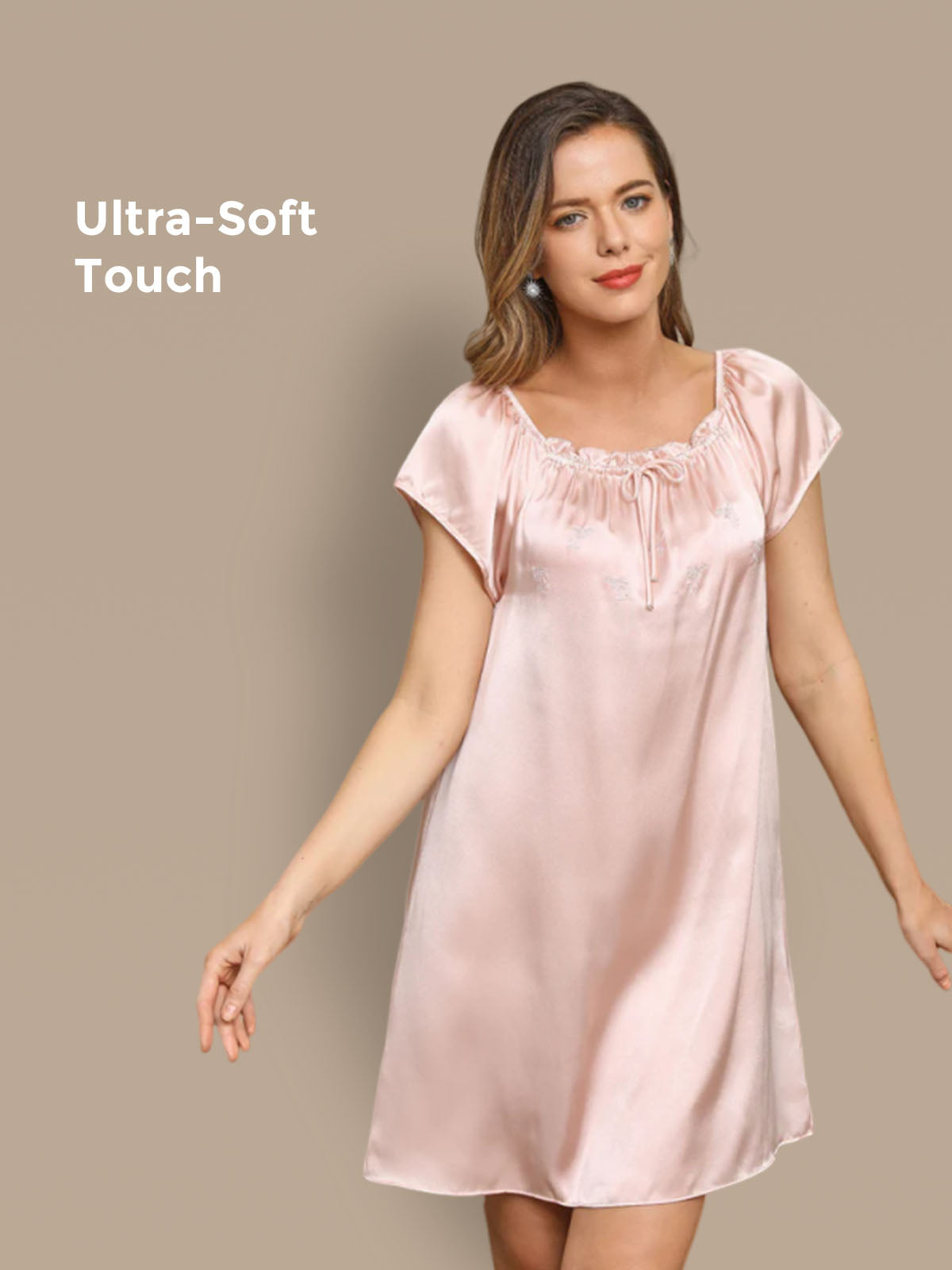 [Light Pink] SilkSilky-CA Pure Silk Tie Neck Nightgown 001