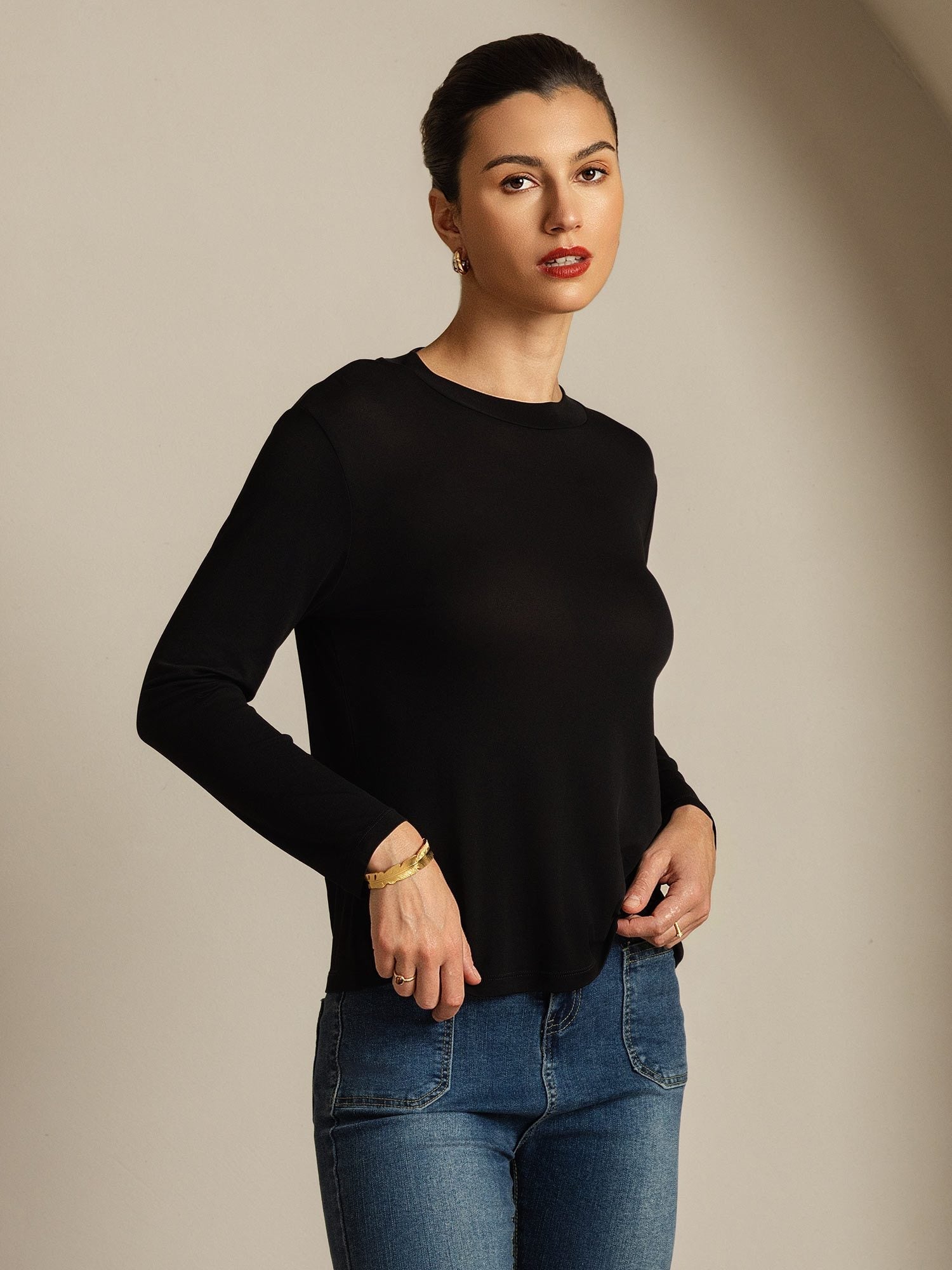 [Black] SilkSilky-CA Pure Silk Womens T-Shirt 006,
