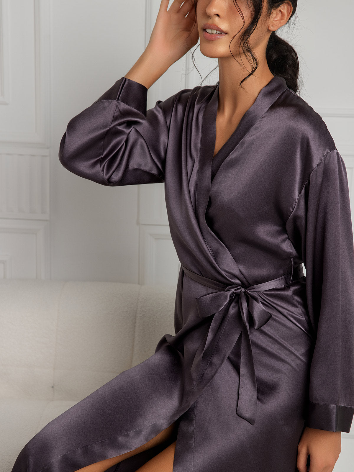 SilkSilky-CA Pure Silk Long Sleeve Womens Robe PurpleGray 007