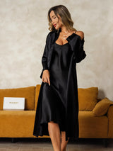 [Black] SilkSilky-CA Long Sleeve V Neck Nightgown&Robe Set 003