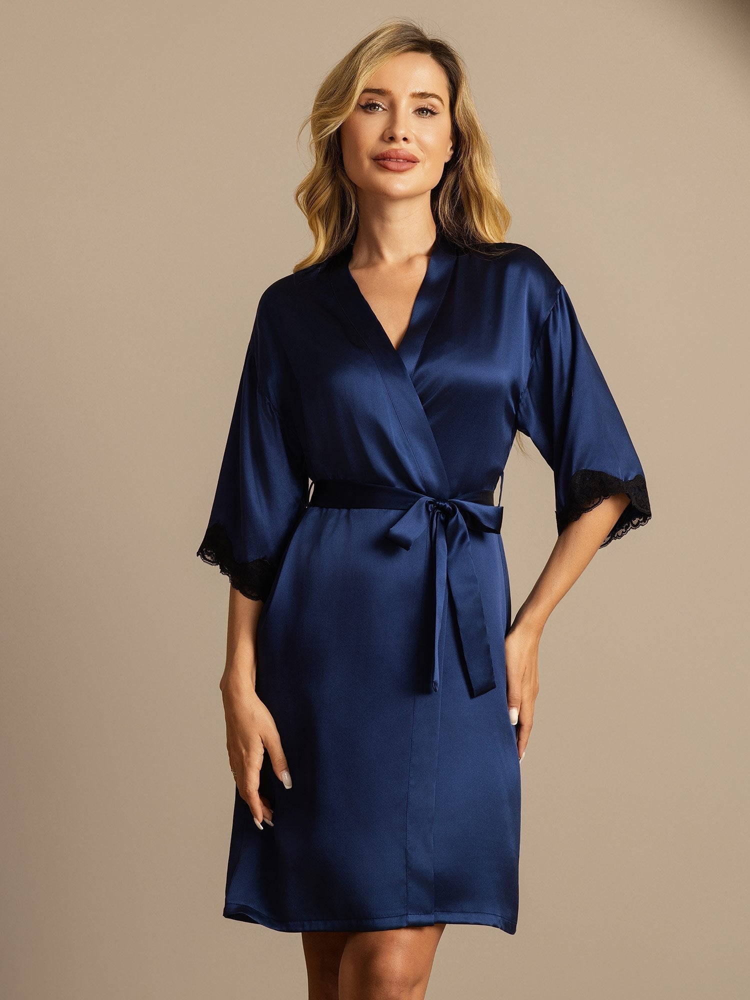 [Dark Blue] SilkSilky-CA Pure Silk Womens Robe 001