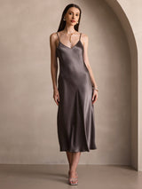 [Dark Khaki] SilkSilky-CA Spaghetti Strap V Neck Dress 006