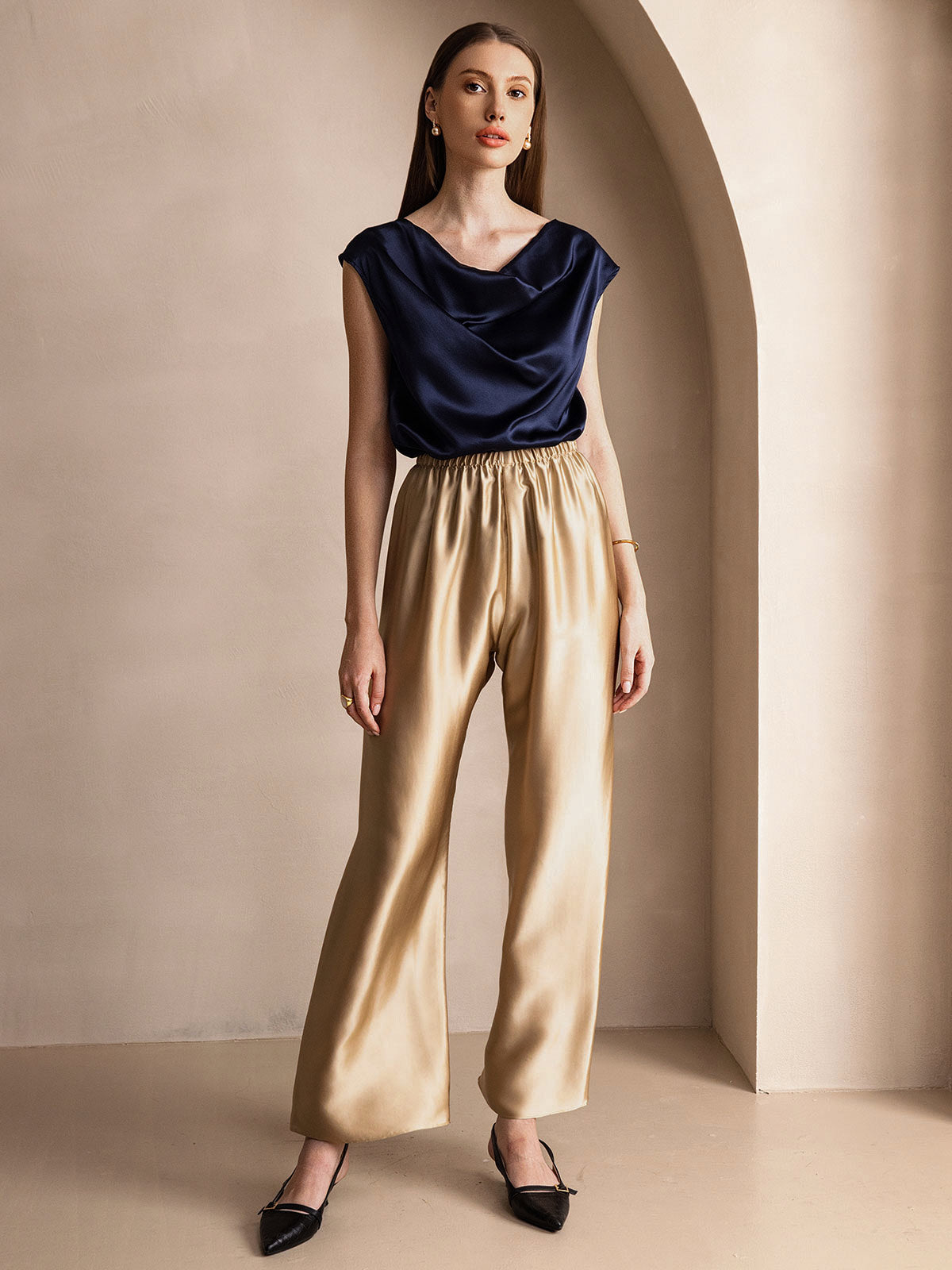 [Dark Blue] SilkSilky-CA 19Momme Silk Cowl Neck Women's T-Shirt 006