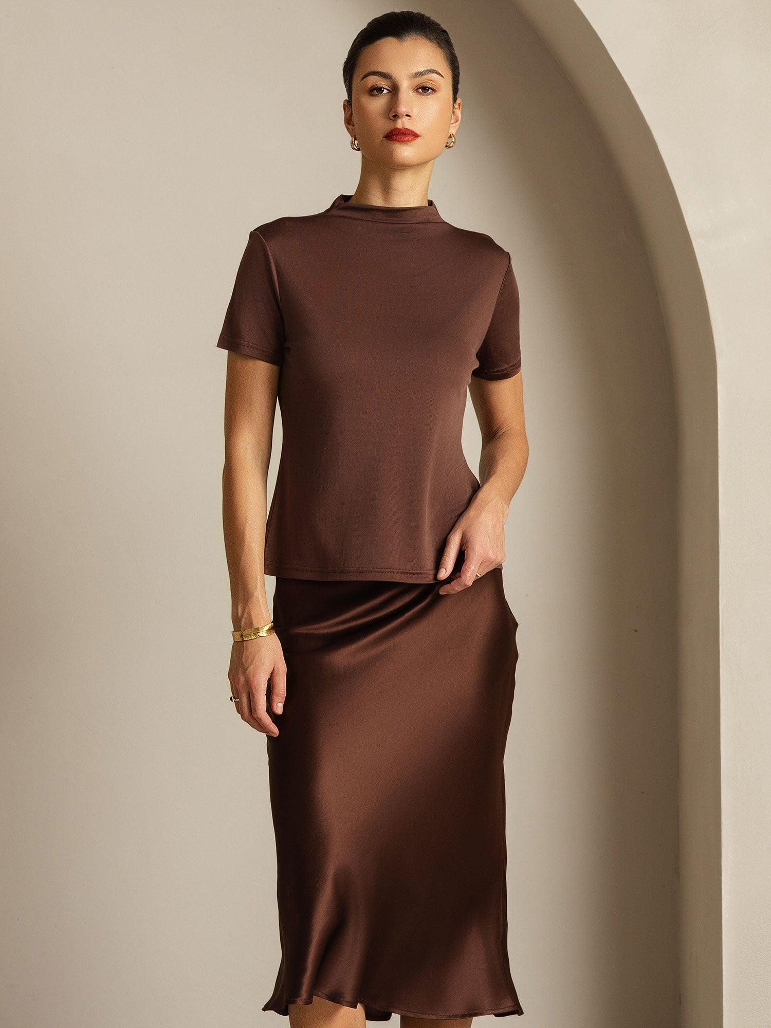 [Coffee] SilkSilky-CA Pure Silk Collar Women's T-Shirt 009