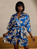 SilkSilky-CA Pure Silk 3/4 Sleeve V Neck Women's Robe Blue 003