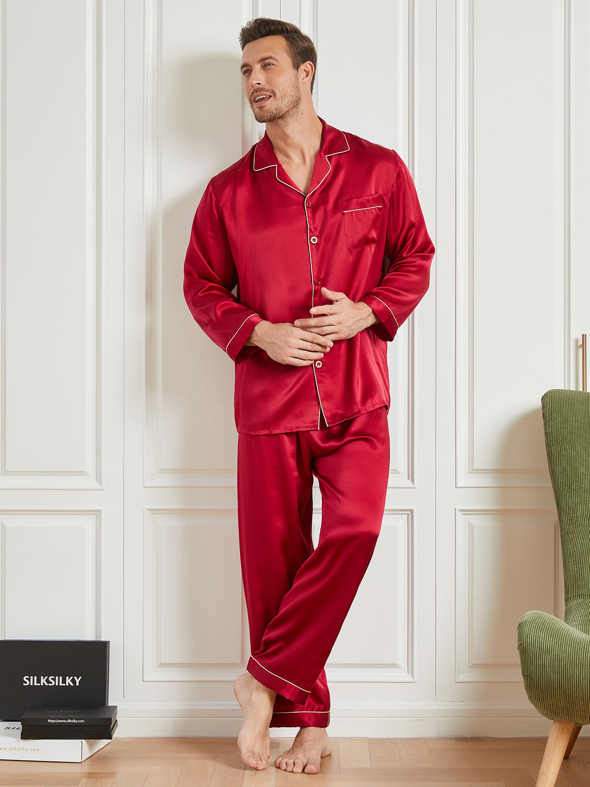 SilkSilky CA 19Momme Pure Silk Long Sleeve Lapel Men's Pajamas Red 002