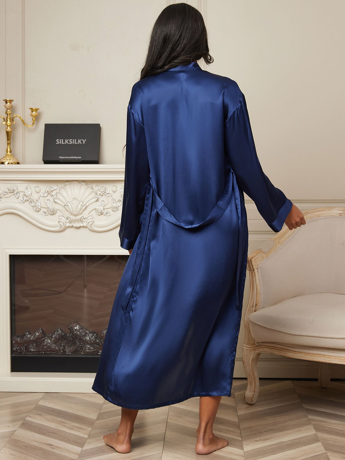 SilkSilky-CA Pure Silk Long Sleeve Womens Robe DarkBlue 002