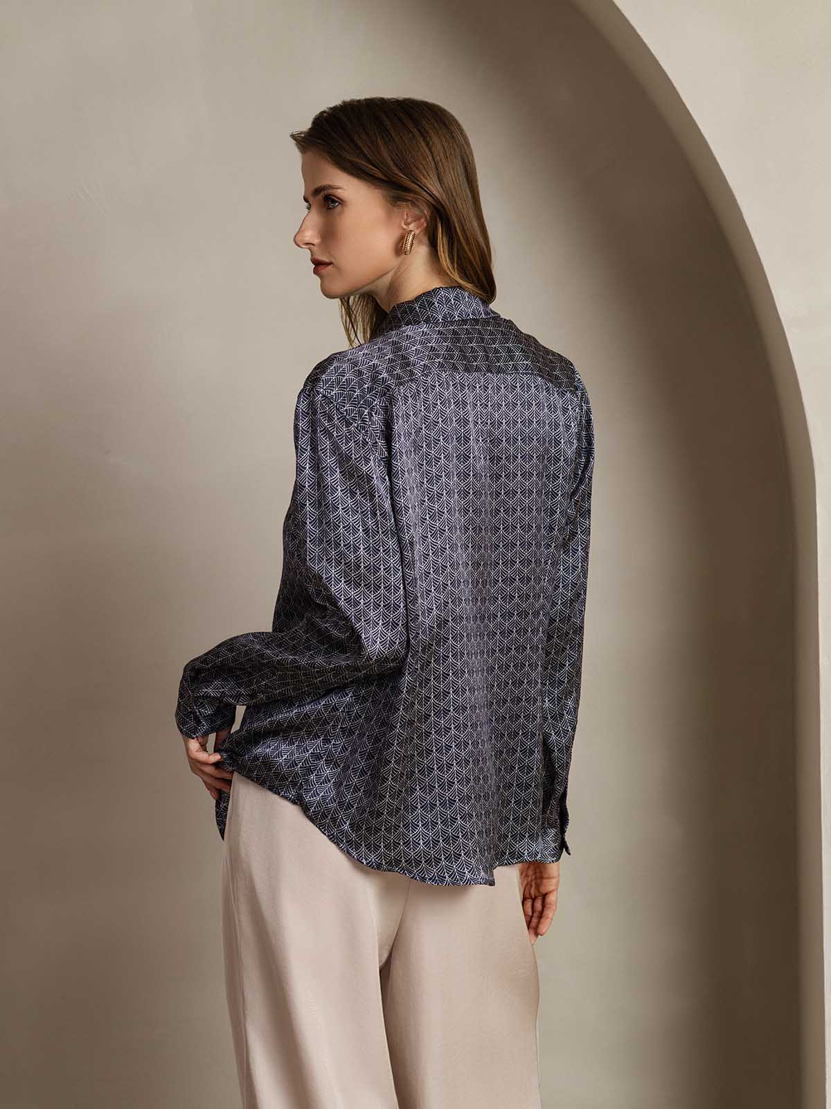 [Navy Ginkgo] SilkSilky-CA Silk Lapel Collar Women's Shirt 002