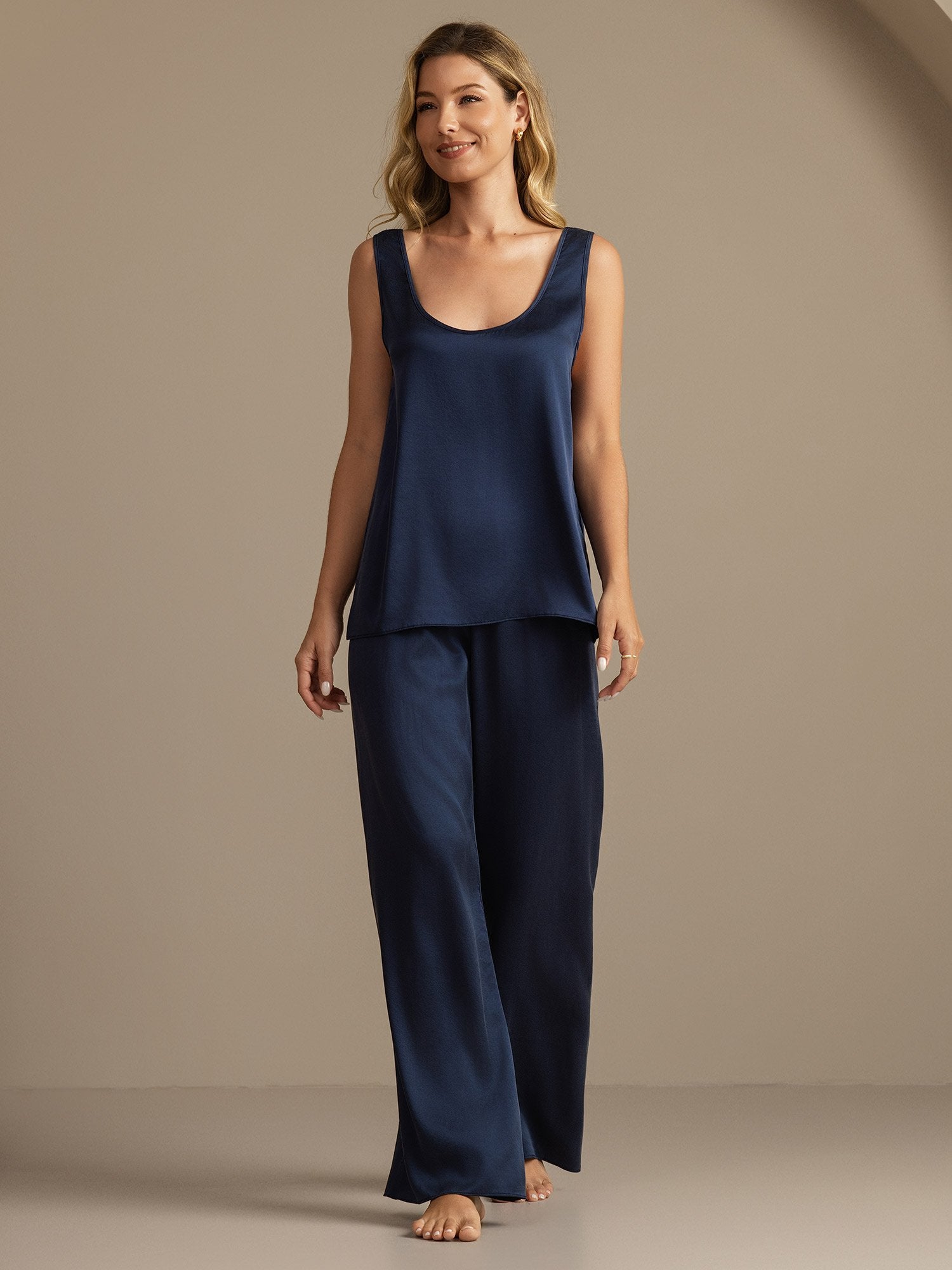 [Dark Blue] SilkSilky-CA 19Momme Washable Silk Womens Pajamas 006,