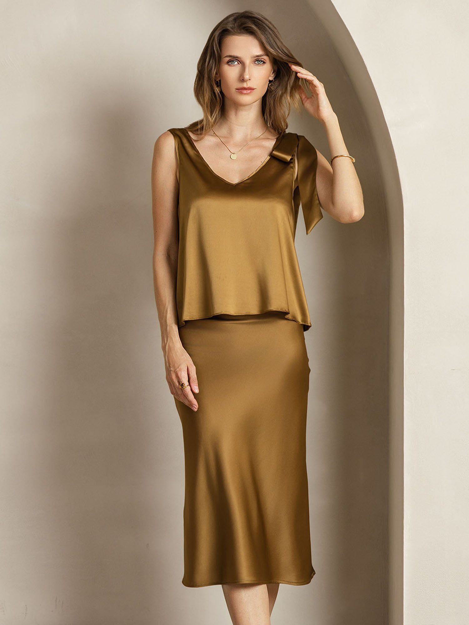 [Bronze] SilkSilky-CA 19Momme Silk V Neck Women''s Outfit Sets 004