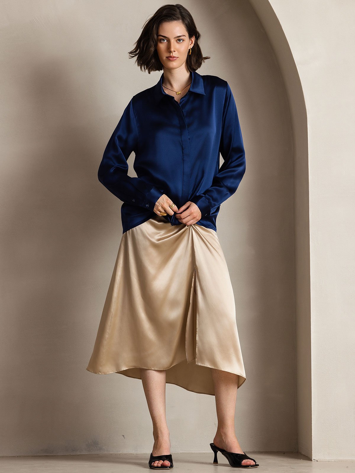 [Dark Blue] SilkSilky-CA 19Momme Silk Long Sleeve Lapel Collar Women's Shirt 003