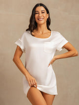 [White] SilkSilky-CA 19Momme Machine-Washable Silk Short Sleeve Round Neck Nightgown 007