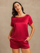 [Wine] SilkSilky-CA 19Momme Machine-Washable Silk Short Sleeve Round Neck Women's Pajamas 001