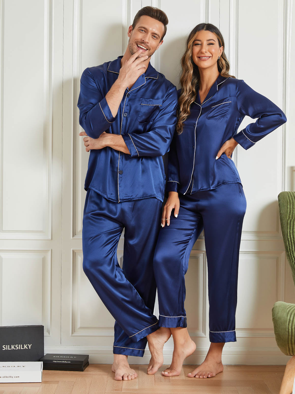 SilkSilky CA Pure Silk Long Sleeve Couple DarkBlue 001