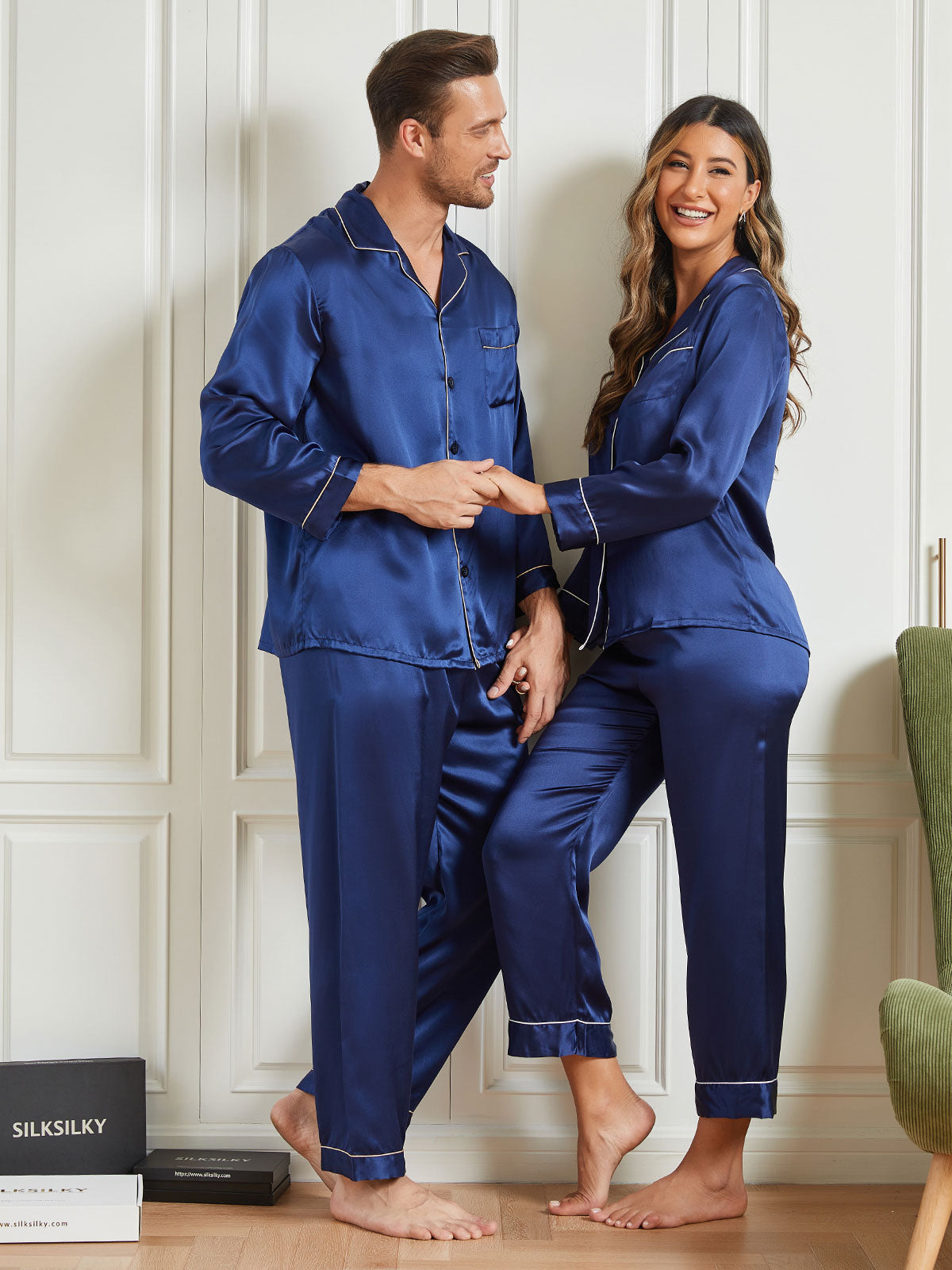 SilkSilky CA Pure Silk Long Sleeve Couple DarkBlue 003