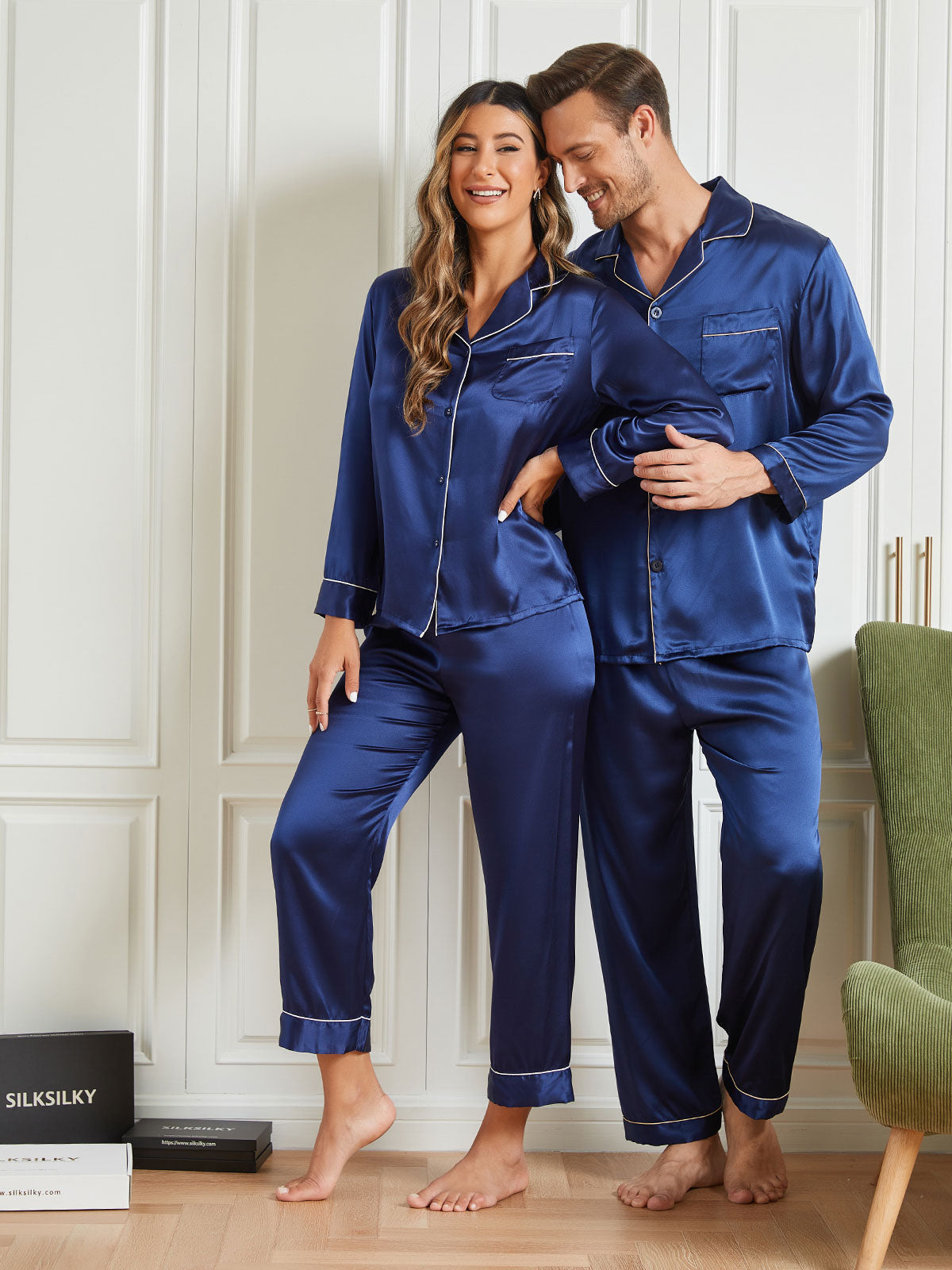 SilkSilky CA Pure Silk Long Sleeve Couple DarkBlue 004