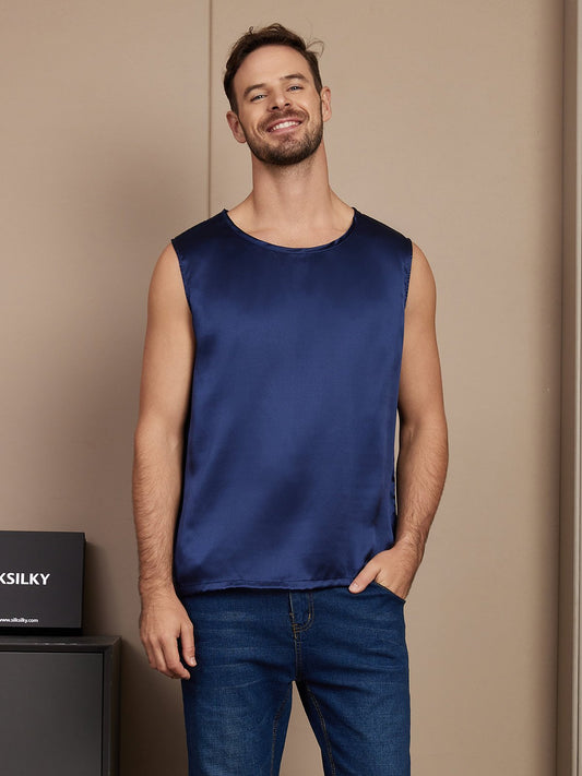 SilkSilky CA Pure Silk Sleeveless Mens T Shirt DarkBlue 001