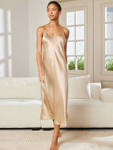[Champagne] SilkSilky-CA Spaghetti Strap V Neck Nightgown 004