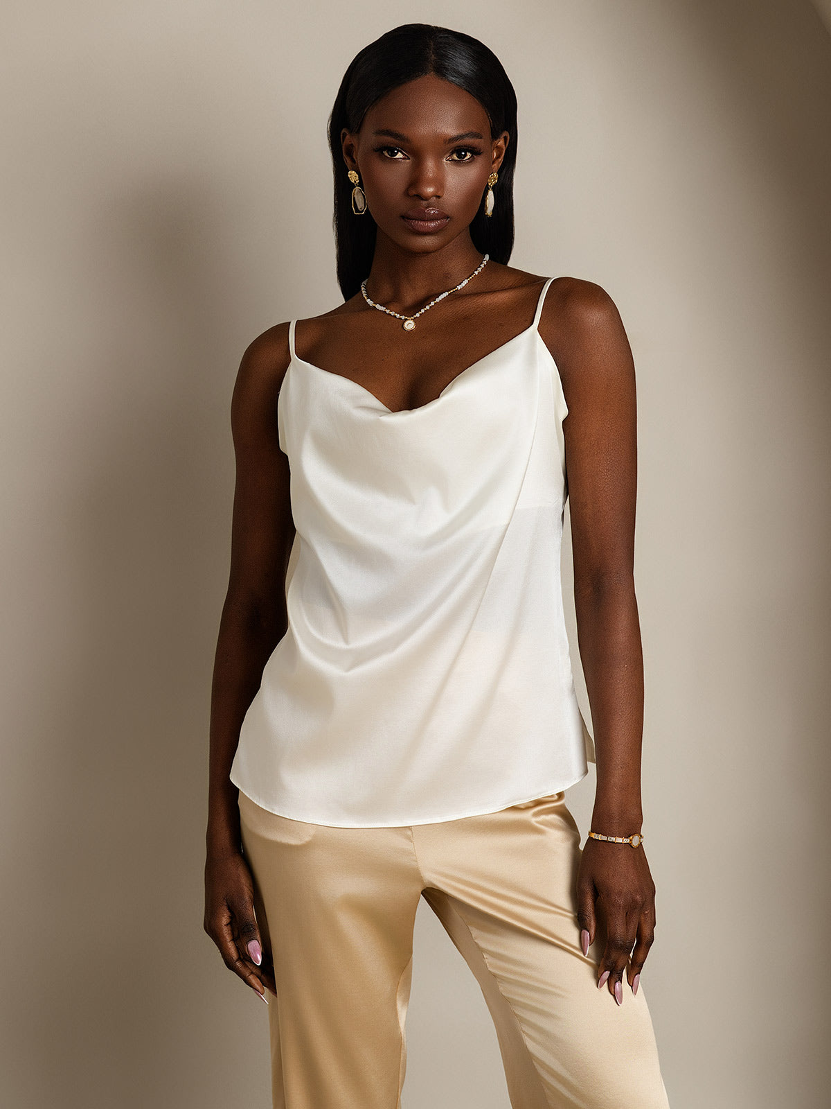 [White] SilkSilky-CA 19Momme Silk Cowl Neck Camisole 001