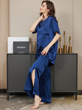 SilkSilky CA Pure Silk Short Sleeve Round Neck Women's Pajamas DarkBlue 004