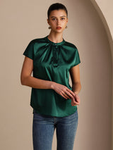 [Dark Green] SilkSilky-CA Short Sleeve Split Women's Blouse 003