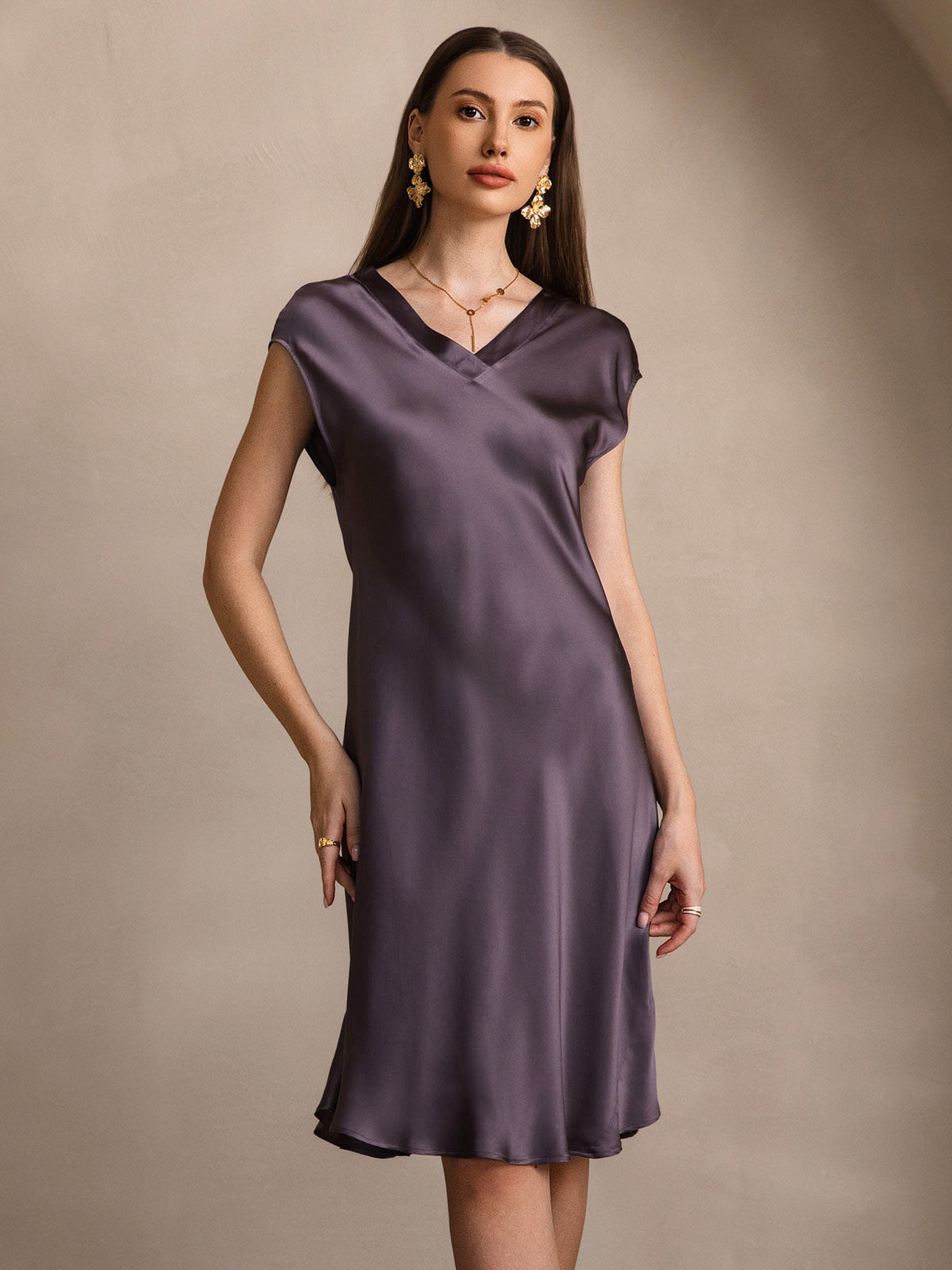 SilkSilky-CA Pure Silk Sleeveless V Neck Nightgown PurpleGray 004