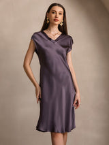 [Purple Gray] SilkSilky-CA Cap Sleeve V Neck Nightgown 004