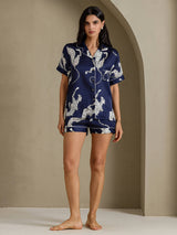 [Navy Cheetah] SilkSilky-CA Short Sleeve Notch Collar Women's Pajamas 007