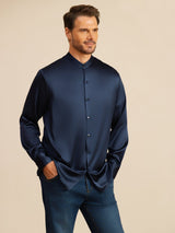 [Dark Blue] SilkSilky-CA Long Sleeve Stand Collar Men''s Shirt 006